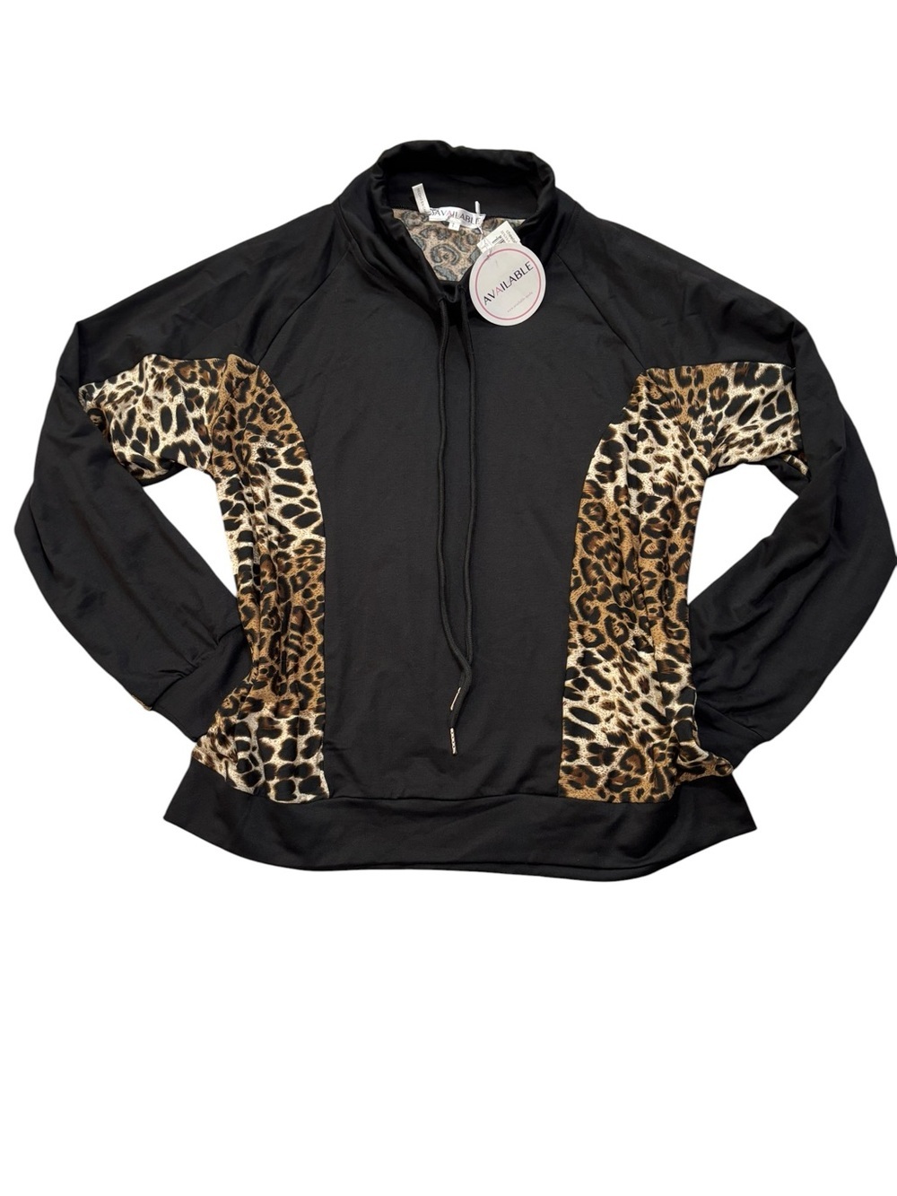 Available Black Pullover Summer Sweatshirt Leopard Print Panels, Large